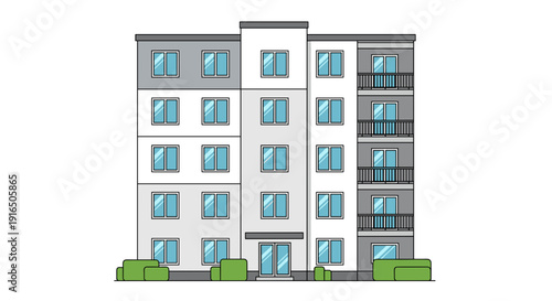 Modern Apartment Building with Balconies and Windows.