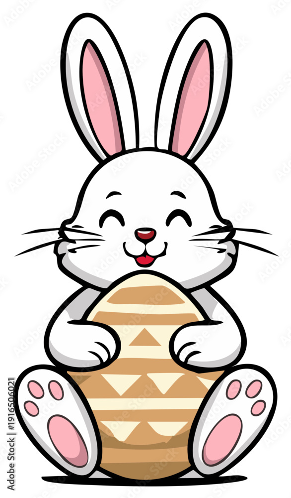 Obraz premium Cute white bunny rabbit holding a decorated Easter egg