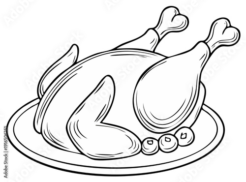 Roasted Chicken on a Plate, Cartoon Illustration