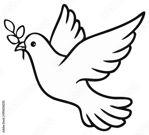 Outline drawing of a white dove carrying a green olive branch in its beak