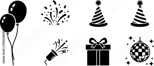 Party Celebration Icons Featuring Balloons Confetti Gift Boxes Party Hats Disco Balls And Festive Popper Elements