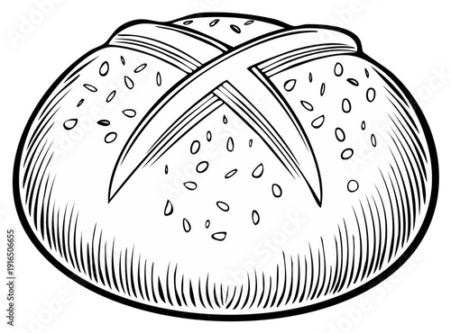 Artistic illustration of a bread roll with sesame seeds and decorative cross design.