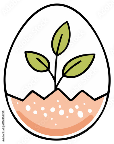 Green plant sprout growing in cracked eggshell showing new life and new beginnings in nature