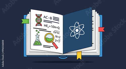 Open book with science and atom illustrations.
