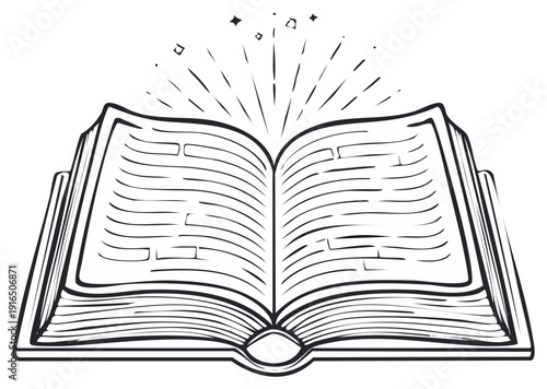 Open Book Illustration with Radiating Light Black and White Drawing