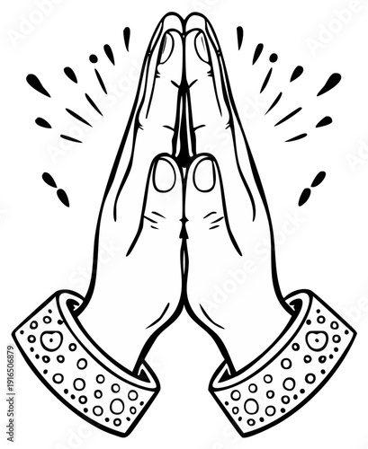 Hands in prayer gesture with radiating light and patterned bracelets, black and white line art illustration