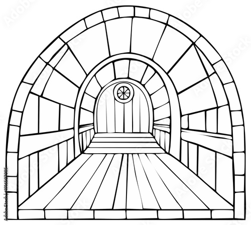 Black and white illustration of arched tunnel or passageway made of stone and wood
