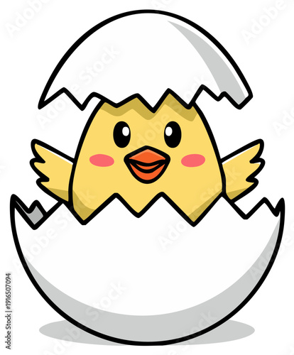 Cute cartoon baby chick hatching from a cracked white eggshell with joyful expression
