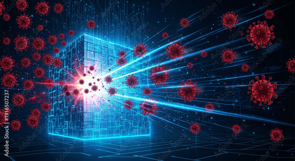 Obraz premium A highly detailed visual representation of viruses emerging from a glowing digital cube with intricate circuit patterns and light beams spreading across a dark background