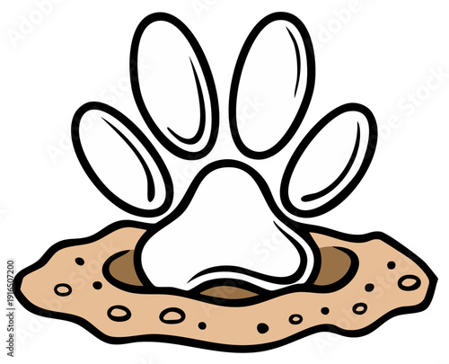 Cartoon paw print illustration inside a hole on a sandy surface.