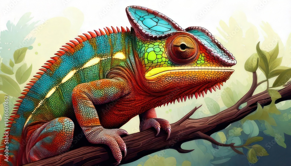 Fototapeta premium Colorful Chameleon on Branch - A Vibrant Wildlife Illustration.
