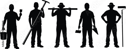 Silhouettes of five construction workers with various tools laborers