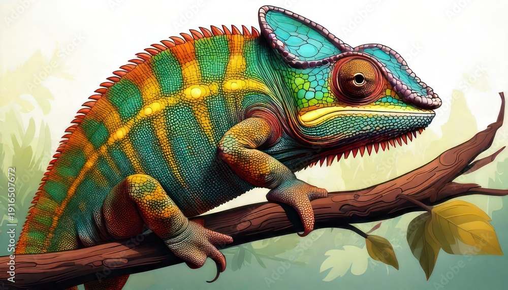 Obraz premium Colorful Chameleon on Branch - A Vibrant Wildlife Illustration.