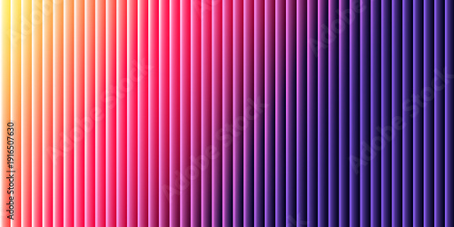 Abstract background featuring vertical iridescent blinds showcasing a smooth gradient transition from bright yellow through vivid pink magenta and deep violet hues on white background