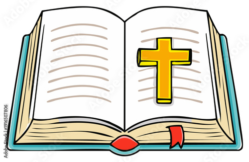 Open book with a golden cross on the pages and a red bookmark