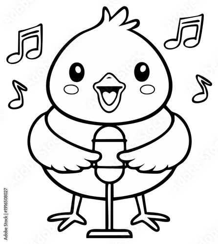 Cartoon chick singing with microphone, musical notes around