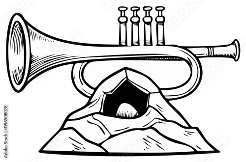 Trumpet instrument atop mountain with cave entrance, black and white illustration