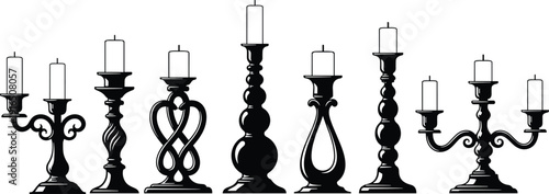 Black and white of various candelabras and candlesticks