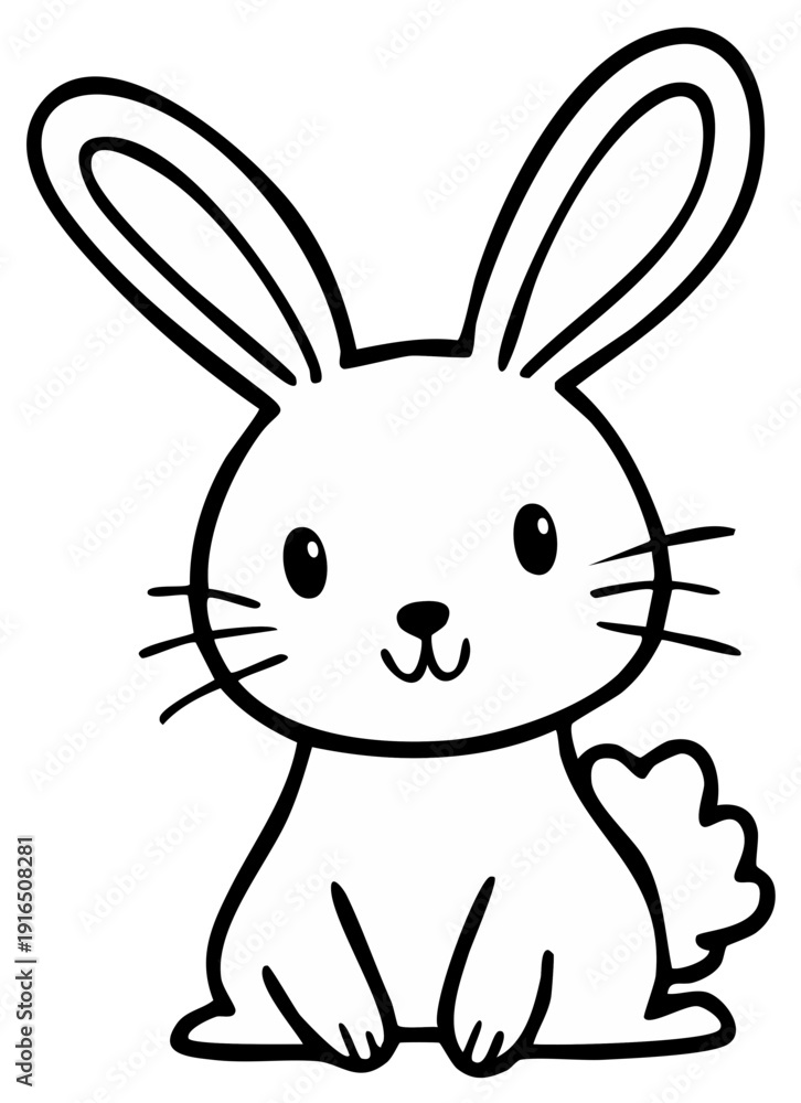 Fototapeta premium Cute cartoon rabbit with long ears and fluffy tail, simple line art illustration.