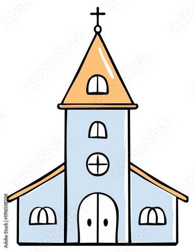 Cute Hand Drawn Church Building with Cross on Steeple and Arched Windows