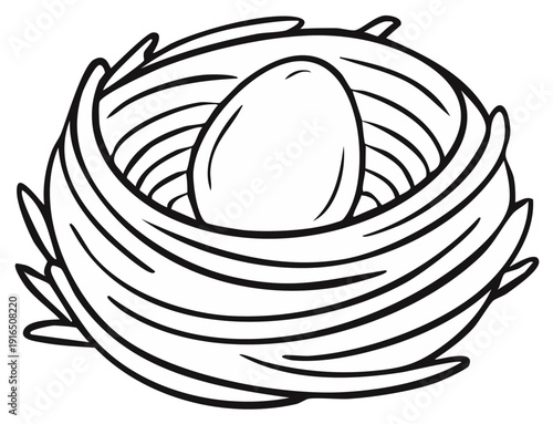 Hand-drawn illustration of a bird's nest with a single egg