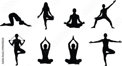 Seven black silhouettes of people doing various yoga poses exercise fitness