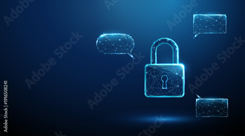 3d padlock surrounded by speech bubbles. Secure communication, data protection, access control, user interaction, cybersecurity, confidential conversation concept.