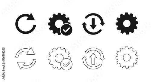 Set of black and white icons depicting process gears and checkmarks