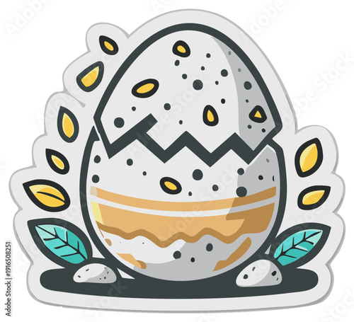 Cracked Dinosaur Egg Hatching with Leaves and Pebbles Sticker