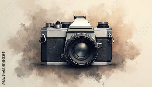 Close-up antique camera body with lens detail. Retro analog device against smoky textured background. Classic photographic equipment, old school capture.