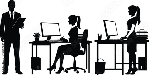 Black silhouettes of business people working at office desks with computers