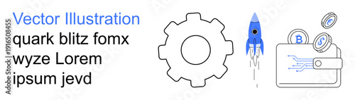 Digital finance, blockchain, startup growth, cryptocurrency, financial tech, and innovation concepts. A rocket launching next to a wallet and a gear icon. Cryptocurrency and blockchain technology