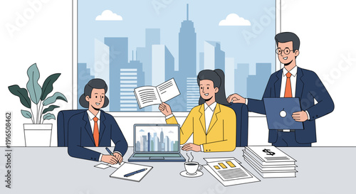 Three Business Professionals Discussing Financial Reports.