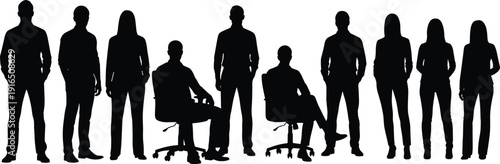 Black silhouettes of people standing and sitting in business attire on white background office