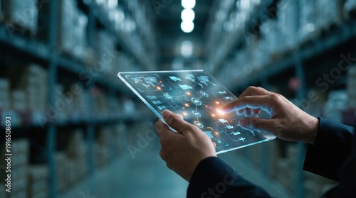 A person using a tablet in a warehouse with a futuristic interface