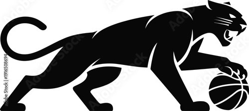 A fierce black panther silhouette lunges forward with a basketball gripped in its claws, perfect for aggressive and competitive sports branding.