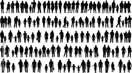 Black silhouettes of people walking standing and holding hands white background