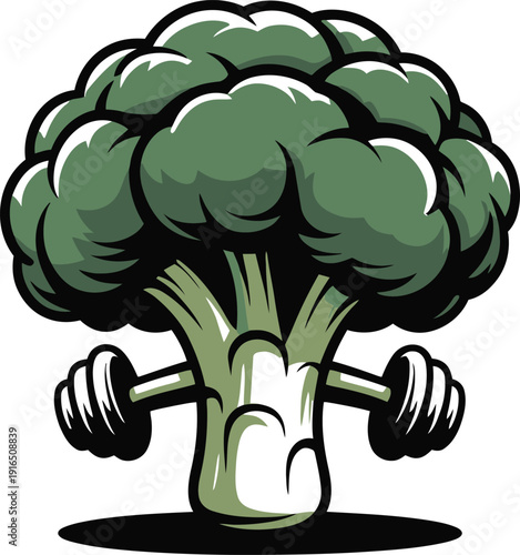A graphic illustration showing a large stalk of green broccoli easily balancing a small barbell behind its white stem.