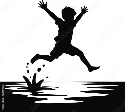 A dynamic black silhouette of a cheerful child jumping barefoot into a puddle, making water splash.