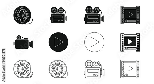 Collection of black and white film and video related icons