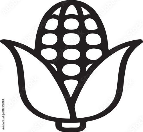 A black silhouette of an ear of corn with husks, isolated on white background, representing harvest and agriculture