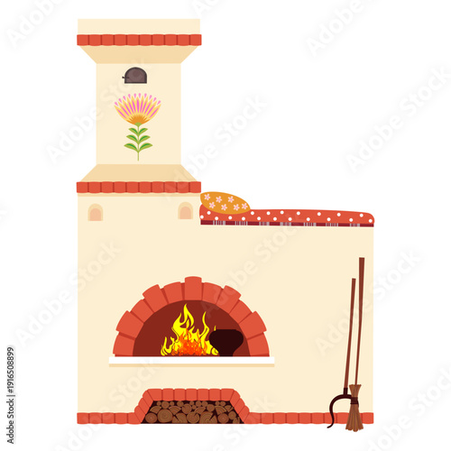 Russian stove with firewood and cast iron pot. Old traditional Russian culture. Slavic symbols. Colorful vector isolated illustration hand drawn doodle 