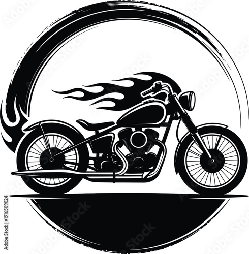 A powerful black silhouette of a classic chopper motorcycle featuring stylized flames on the gas tank, framed within a circular brushstroke.