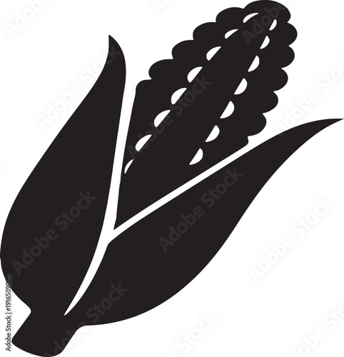 A black silhouette of an ear of corn with husks, isolated on white background, representing harvest and agriculture