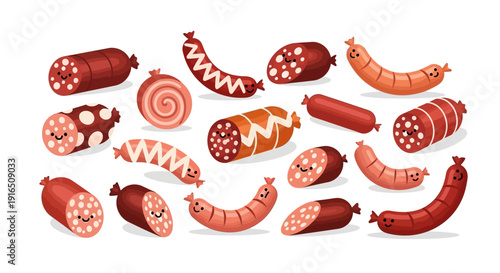 Assorted Sausages and Meat Products on White Background.
