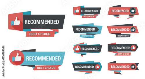 Collection of colorful recommended ribbon banners with thumbs up icons