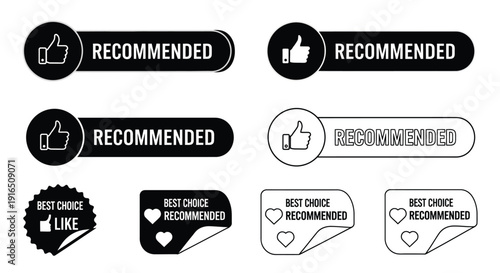Collection of black and white recommendation badges with thumbs up and hearts