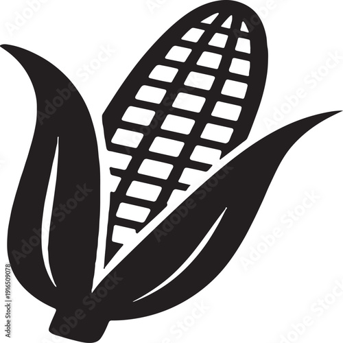 A black silhouette of an ear of corn with husks, isolated on white background, representing harvest and agriculture