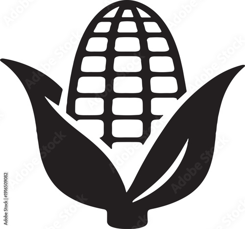 A black silhouette of an ear of corn with husks, isolated on white background, representing harvest and agriculture