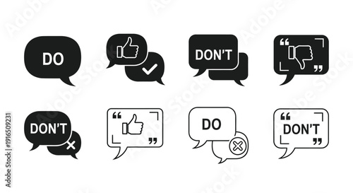 Black and white icons depicting do s and don ts with speech bubbles